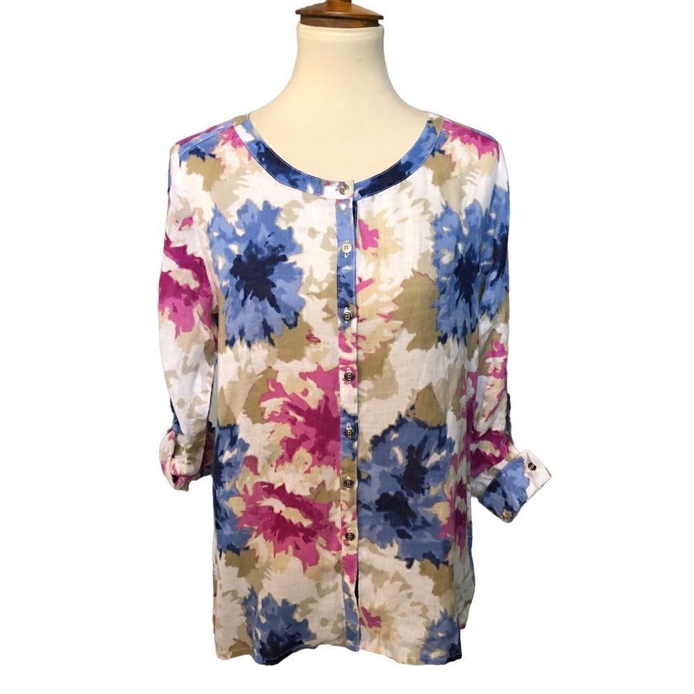 NWOT JM Collection Womens Blue Pink Floral 100% Linen Tunic